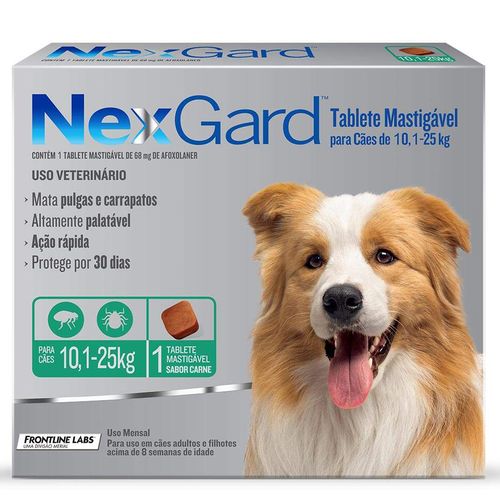Antipulgas e Carrapatos Merial NexGard para Cães de 10,1 a 25 Kg - 68 mg