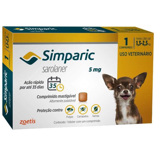Antipulgas Zoetis Simparic para Cães de 1,3 a 2,5 Kg - 5 mg