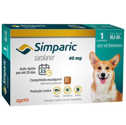 Antipulgas Zoetis Simparic para Cães de 10,1 a 20 Kg - 40 mg