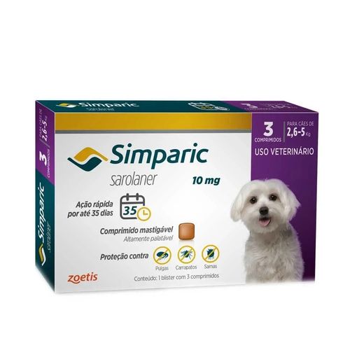Antipulgas Zoetis Simparic para Cães de 2,6 a 5 Kg - 10 mg