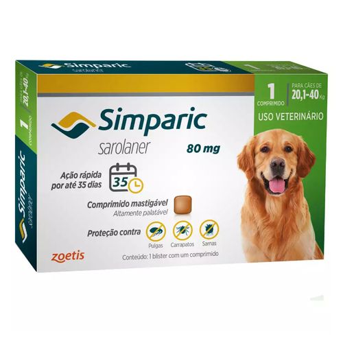 Antipulgas Zoetis Simparic para Cães de 20,1 a 40 Kg - 80 mg
