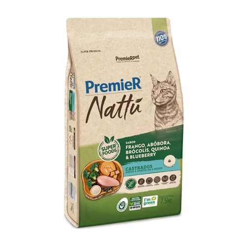 Ração Premier Nattu para Gatos Castrados Sabor Frango, Abóbora, Brócolis, Quinoa e Blueberry